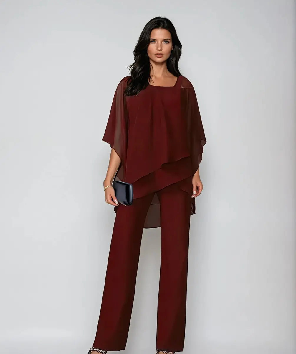 Conjunto de pantalón ancho de gasa con hombros descubiertos y capas para mujer