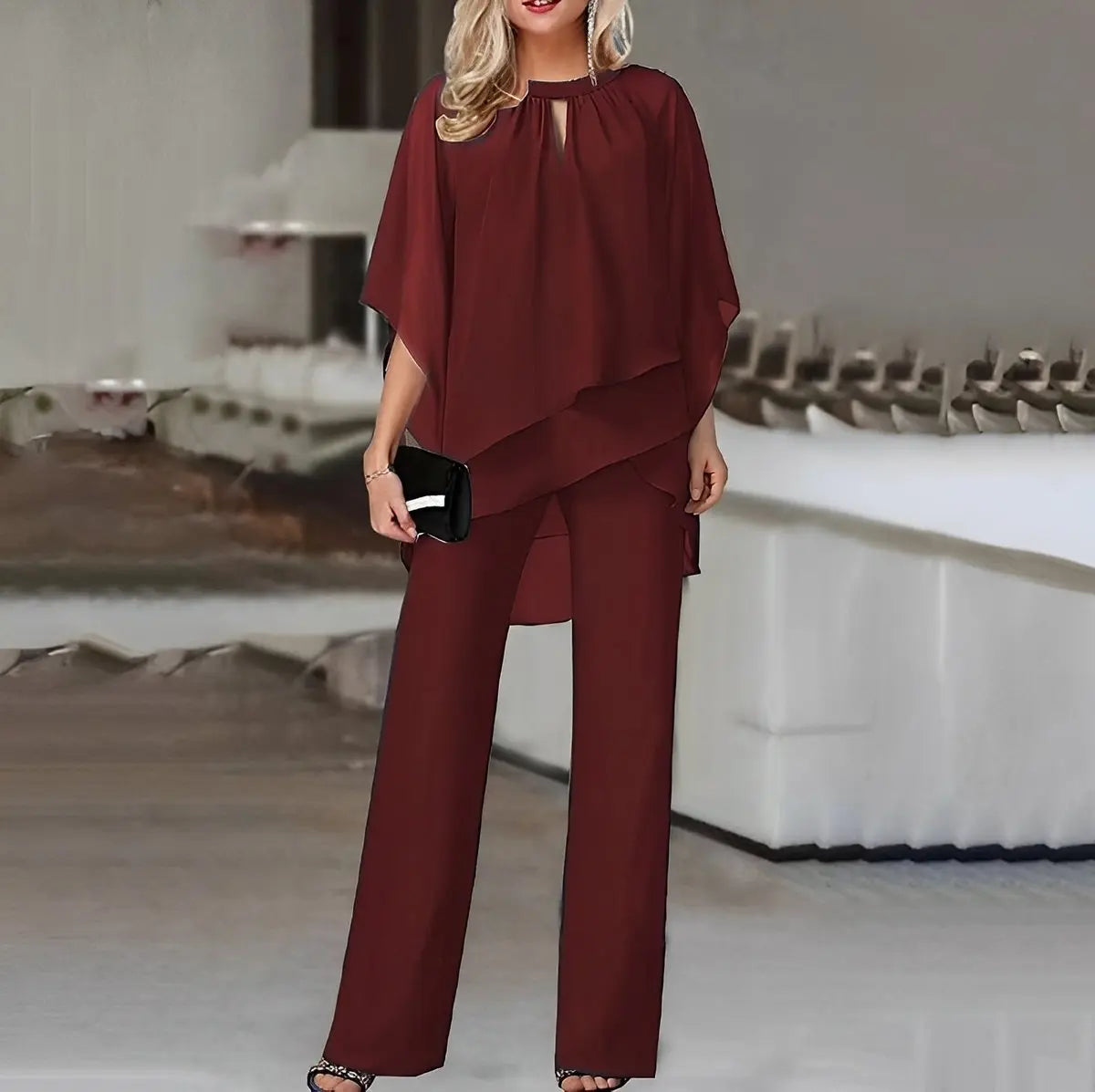 Conjunto de dos piezas con pantalón ancho y capas de gasa para mujer