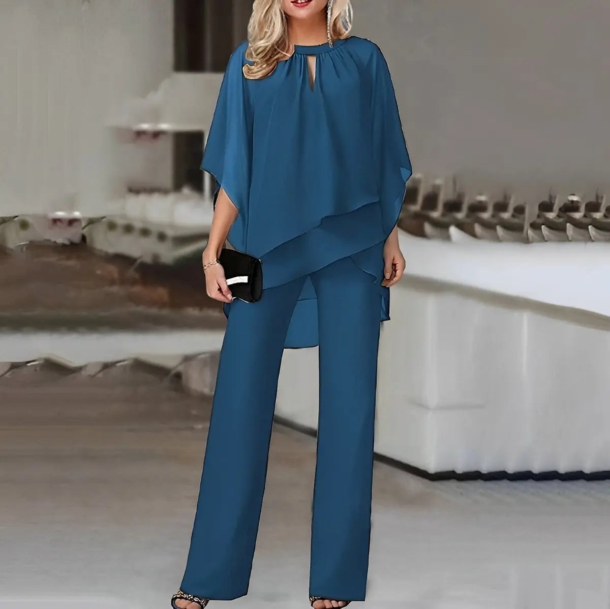 Conjunto de dos piezas con pantalón ancho y capas de gasa para mujer