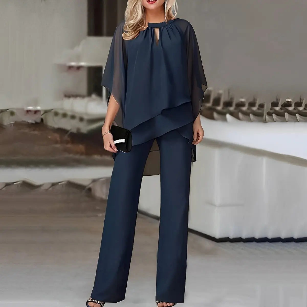 Conjunto de dos piezas con pantalón ancho y capas de gasa para mujer