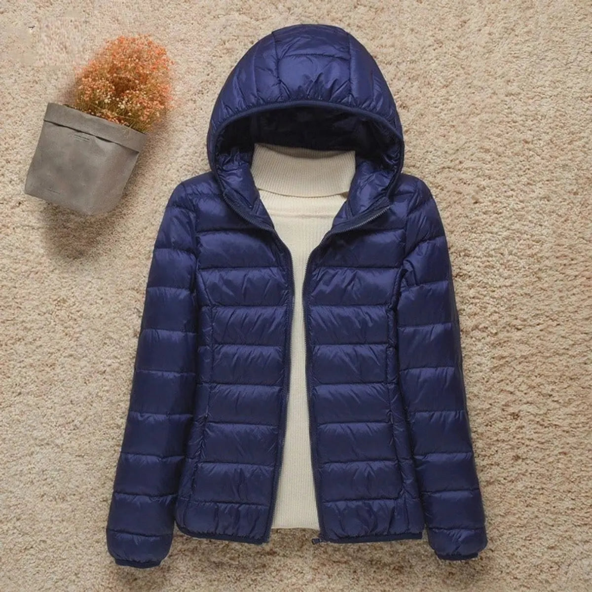 Chaqueta ligera acolchada con capucha, relleno de plumón y plegable para mujer