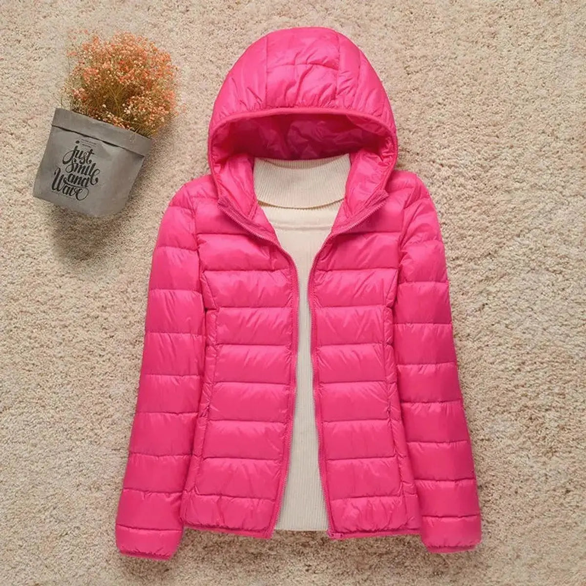 Chaqueta ligera acolchada con capucha, relleno de plumón y plegable para mujer