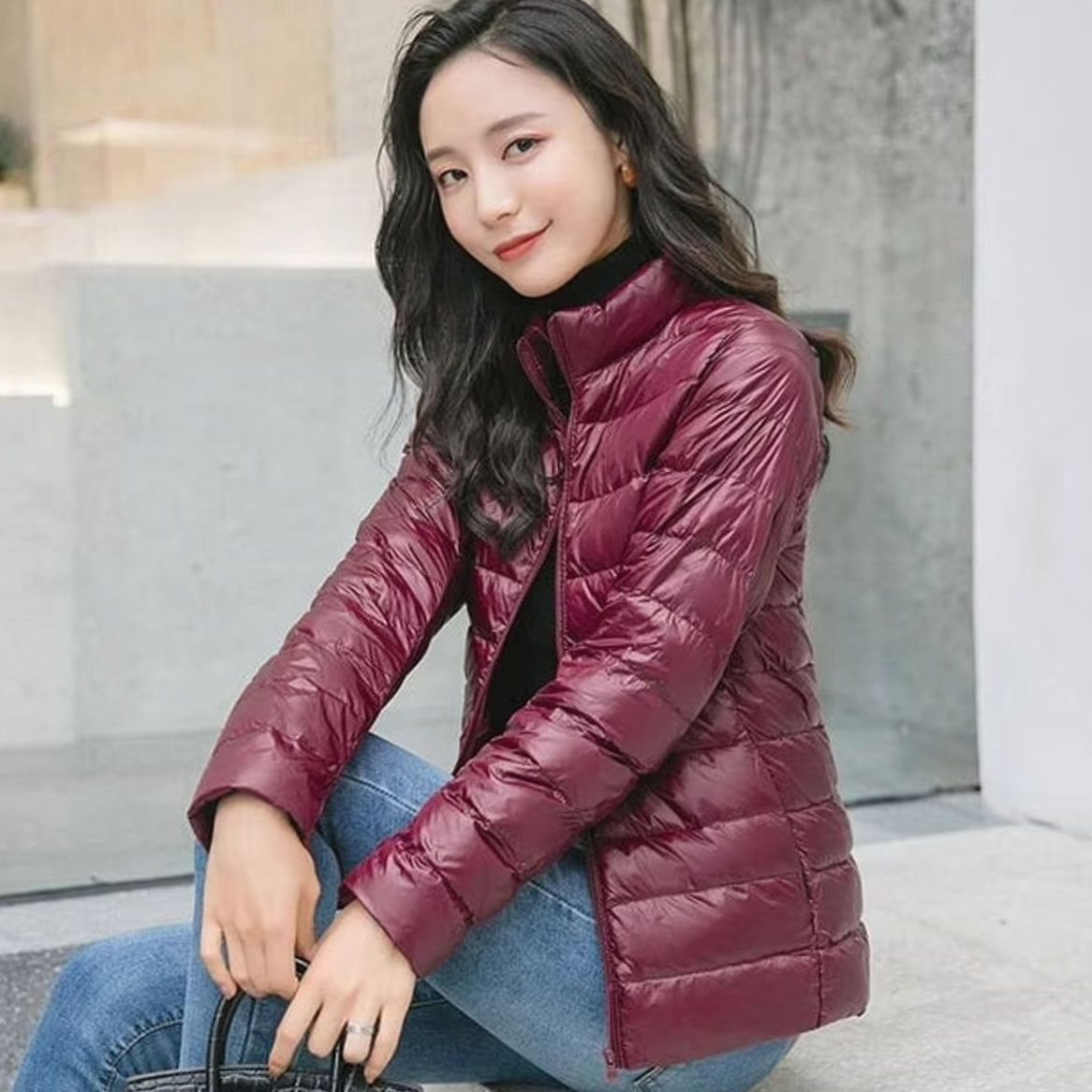 Chaqueta ligera acolchada de primavera con cuello alto para mujer