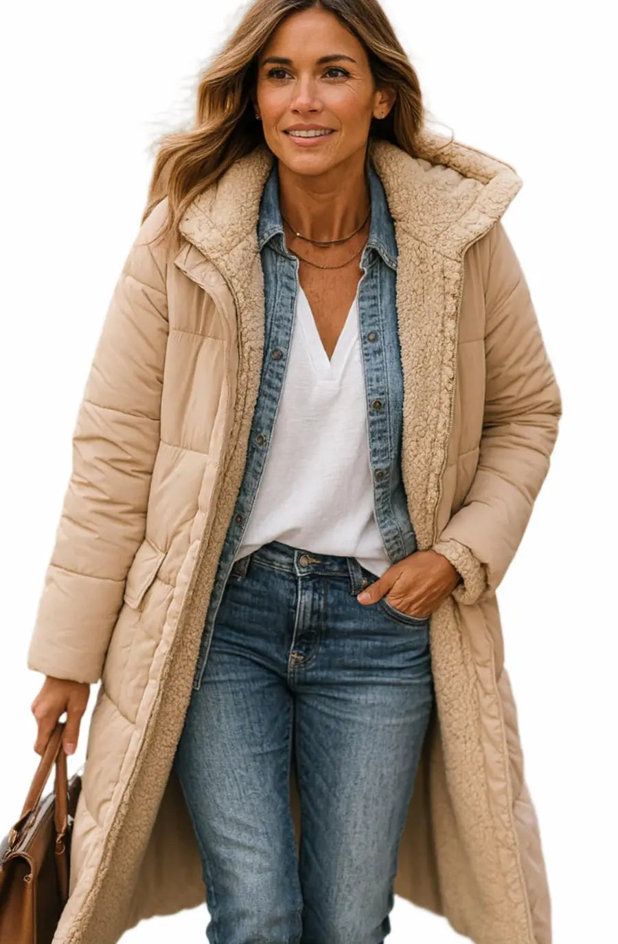 Abrigo largo acolchado de invierno con capucha y forro polar para mujer