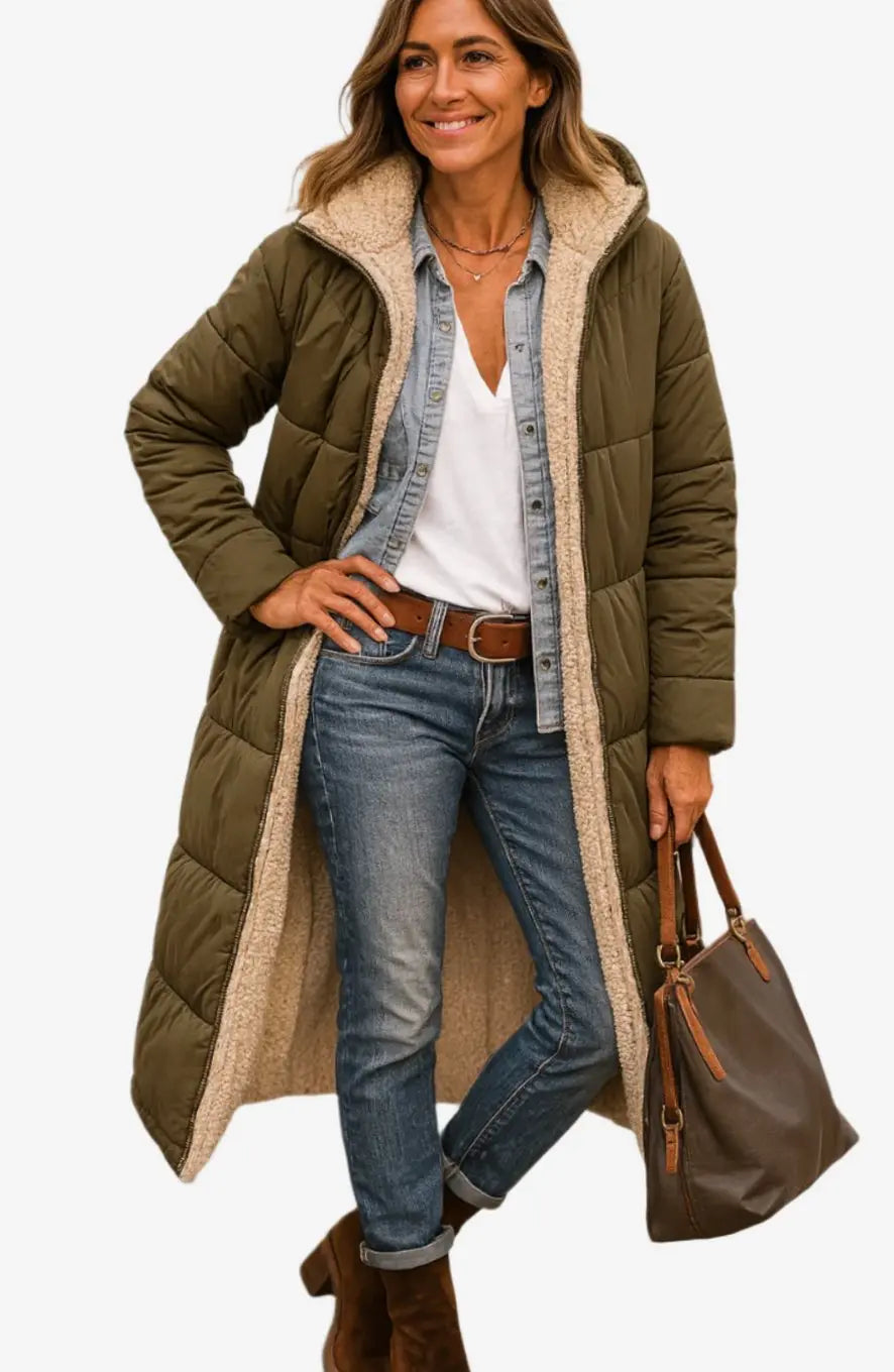 Abrigo largo acolchado de invierno con capucha y forro polar para mujer