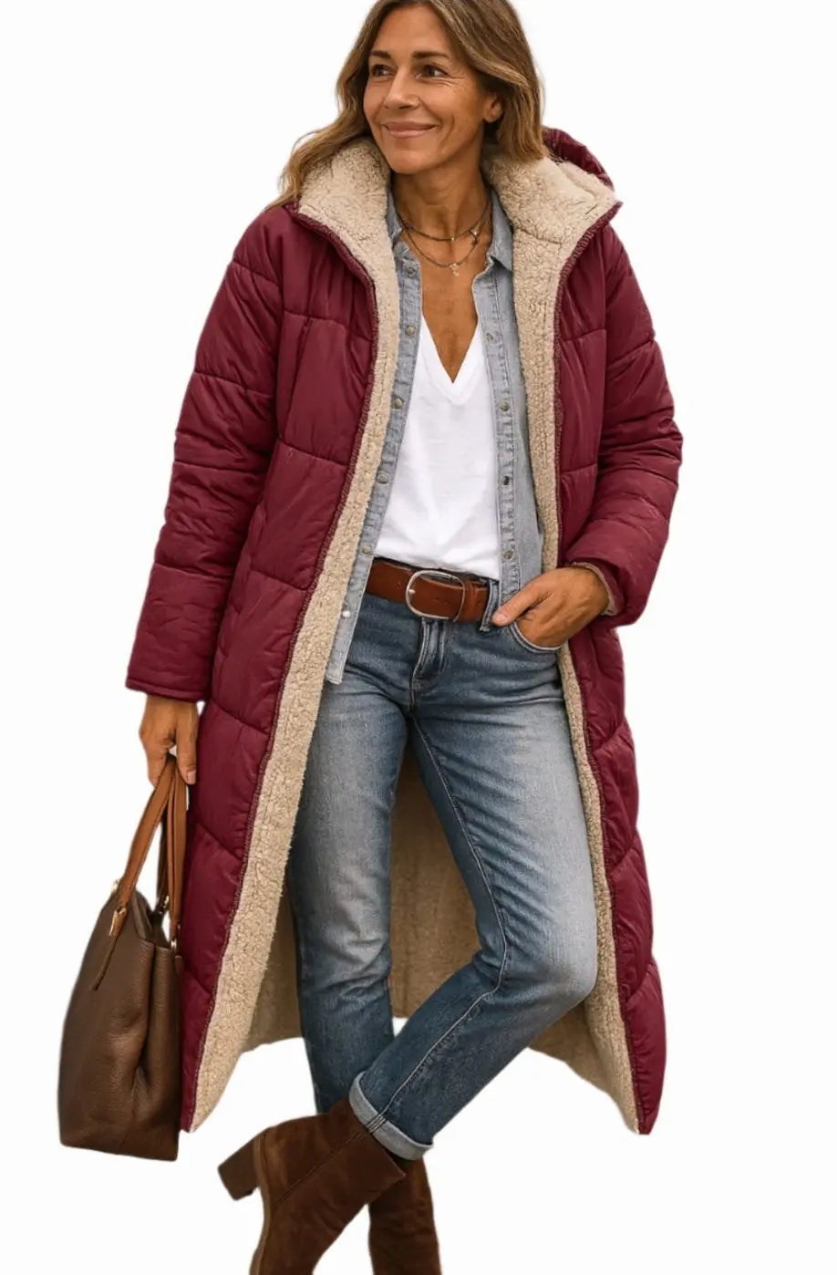 Abrigo largo acolchado de invierno con capucha y forro polar para mujer