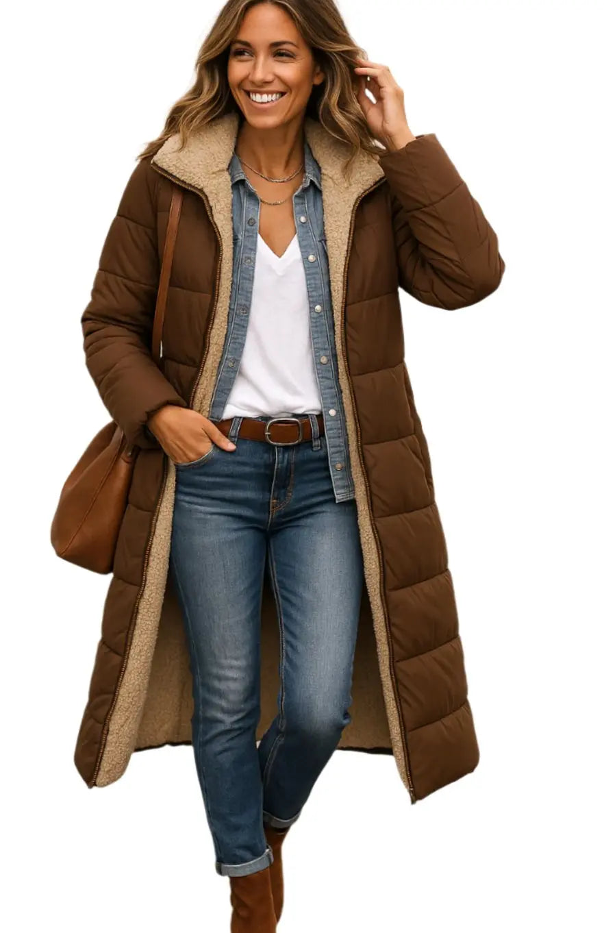 Abrigo largo acolchado de invierno con capucha y forro polar para mujer