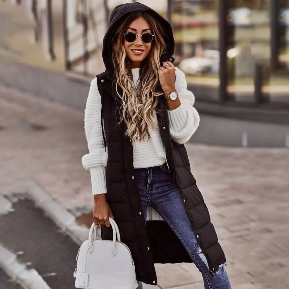 Chaleco largo acolchado de invierno con capucha, sin mangas, para mujer