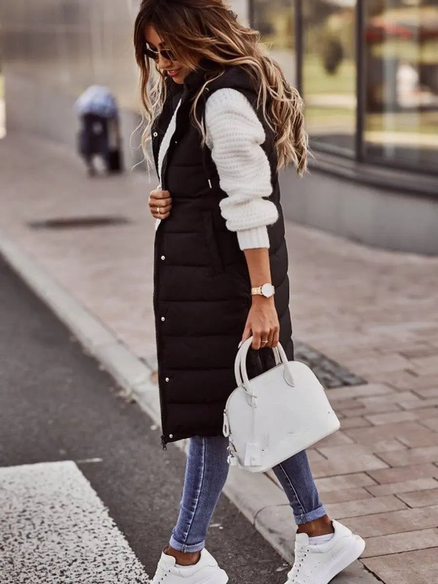Chaleco largo acolchado de invierno con capucha, sin mangas, para mujer