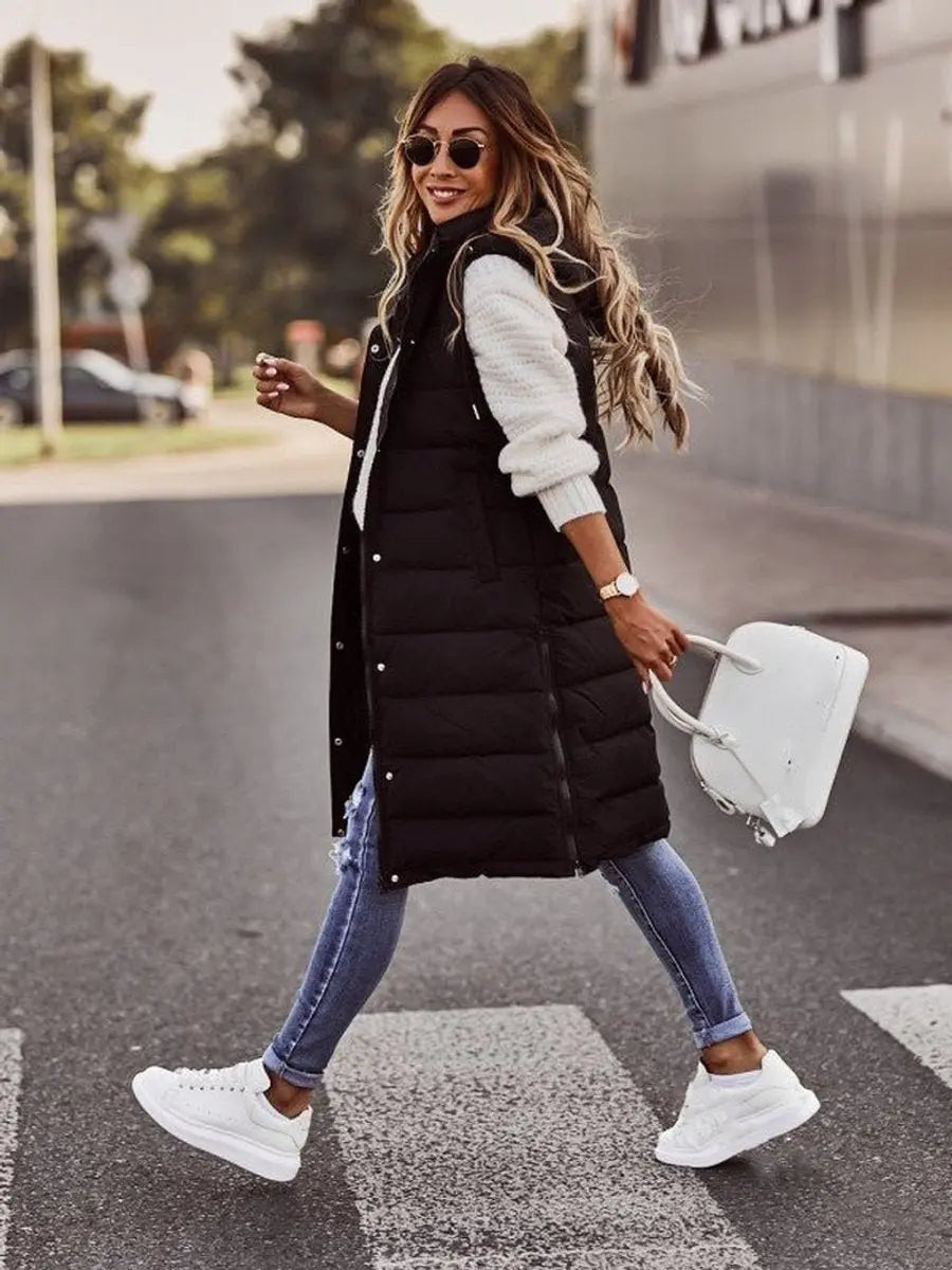 Chaleco largo acolchado de invierno con capucha, sin mangas, para mujer