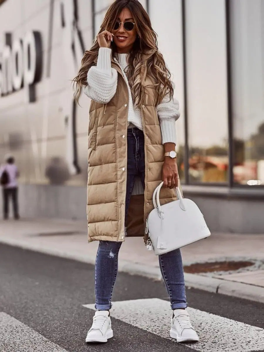 Chaleco largo acolchado de invierno con capucha, sin mangas, para mujer