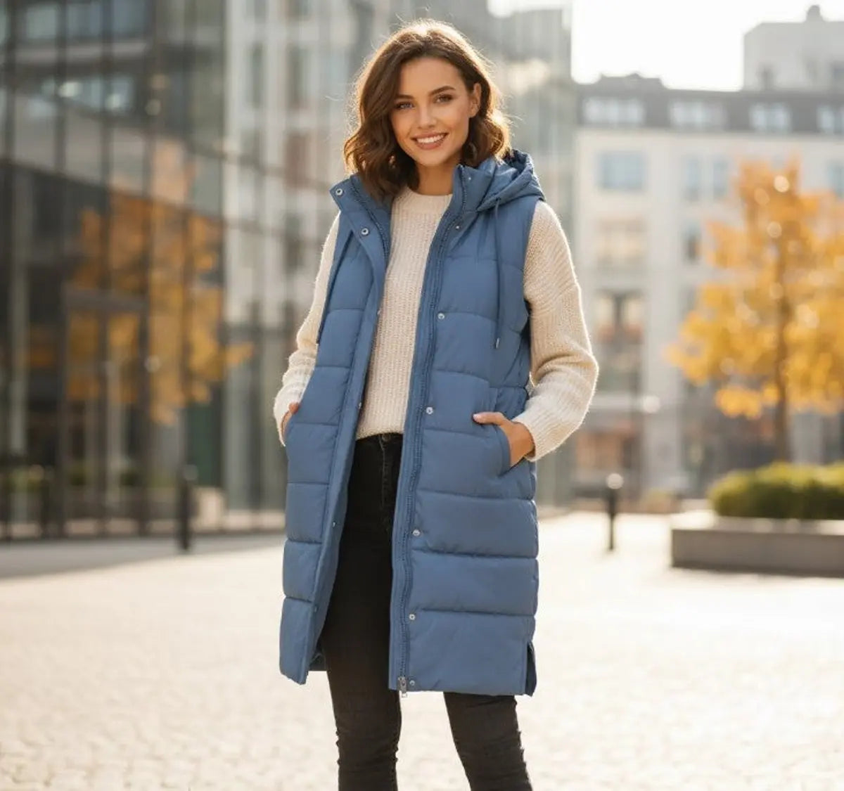 Chaleco largo acolchado de invierno con capucha, sin mangas, para mujer