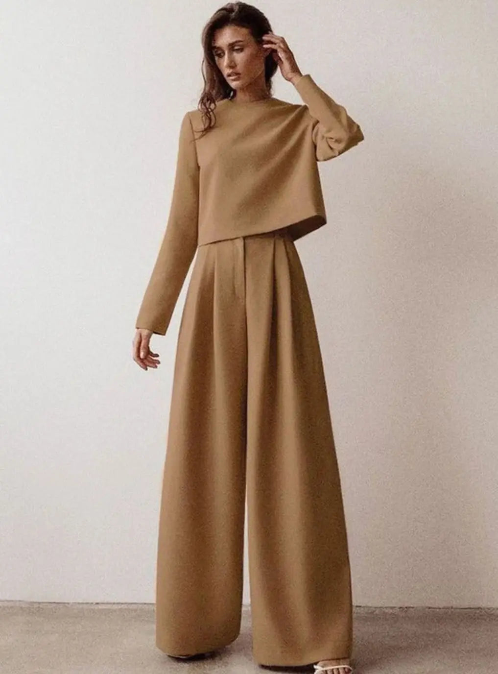Conjunto de dos piezas de manga larga y pantalón palazzo de pierna ancha para mujer