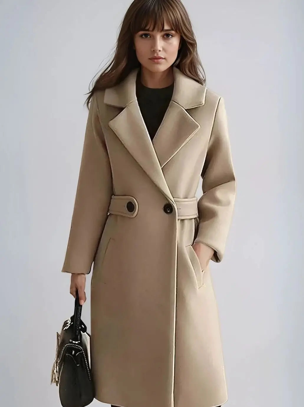 Abrigo largo de invierno con cinturón y solapas de muesca para mujer