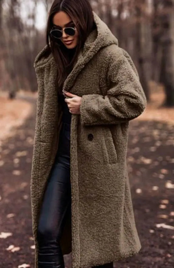 Abrigo largo de invierno de piel sintética con capucha para mujer