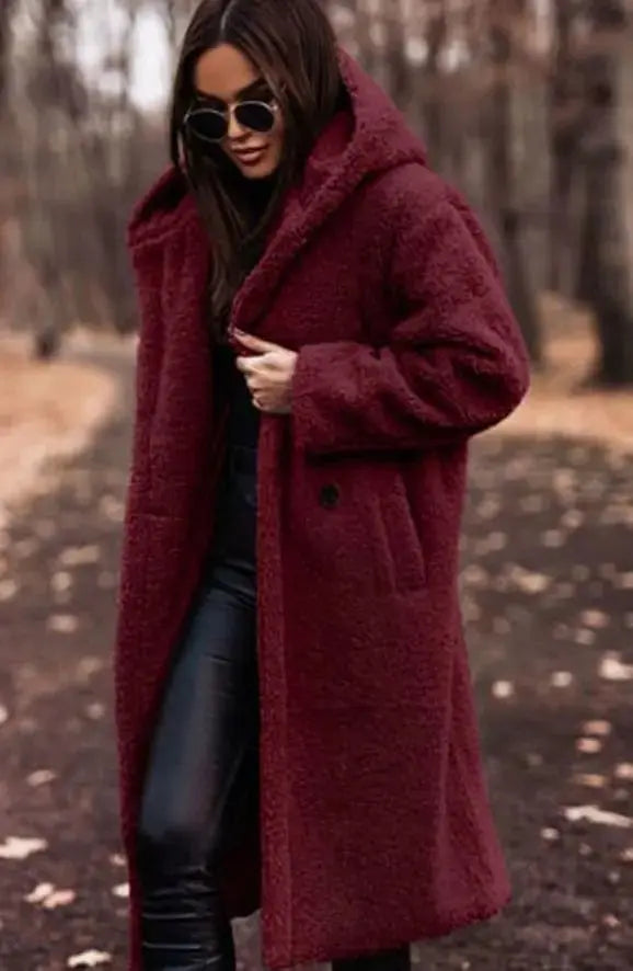 Abrigo largo de invierno de piel sintética con capucha para mujer