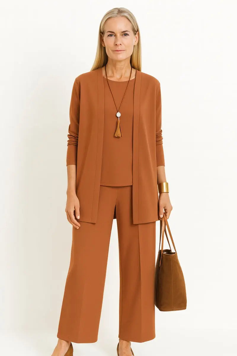Conjunto de 3 piezas para mujer con cárdigan largo de frente abierto y pantalón de pierna ancha