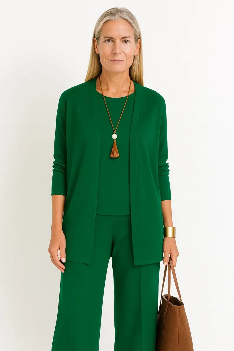 Conjunto de 3 piezas para mujer con cárdigan largo de frente abierto y pantalón de pierna ancha