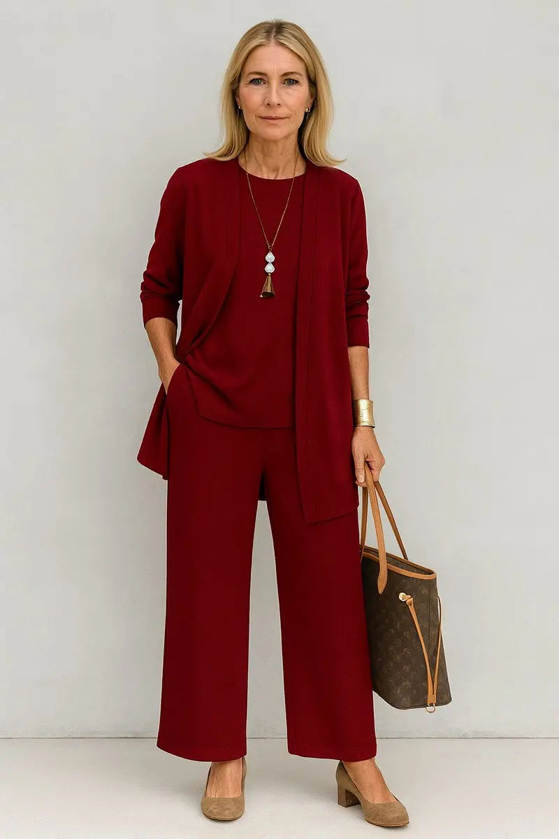 Conjunto de 3 piezas para mujer con cárdigan largo de frente abierto y pantalón de pierna ancha