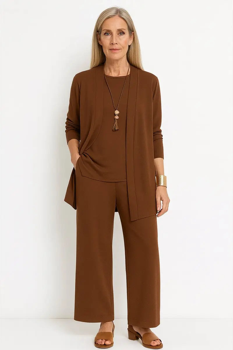 Conjunto de 3 piezas para mujer con cárdigan largo de frente abierto y pantalón de pierna ancha
