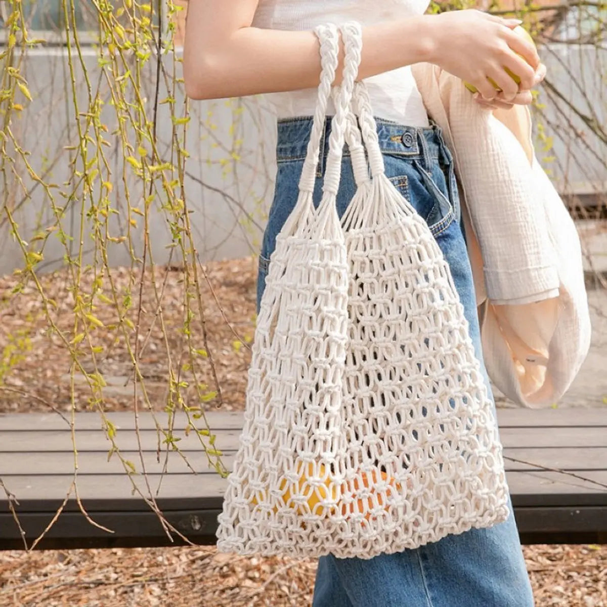 Bolso tote de red de algodón y macramé para mujer
