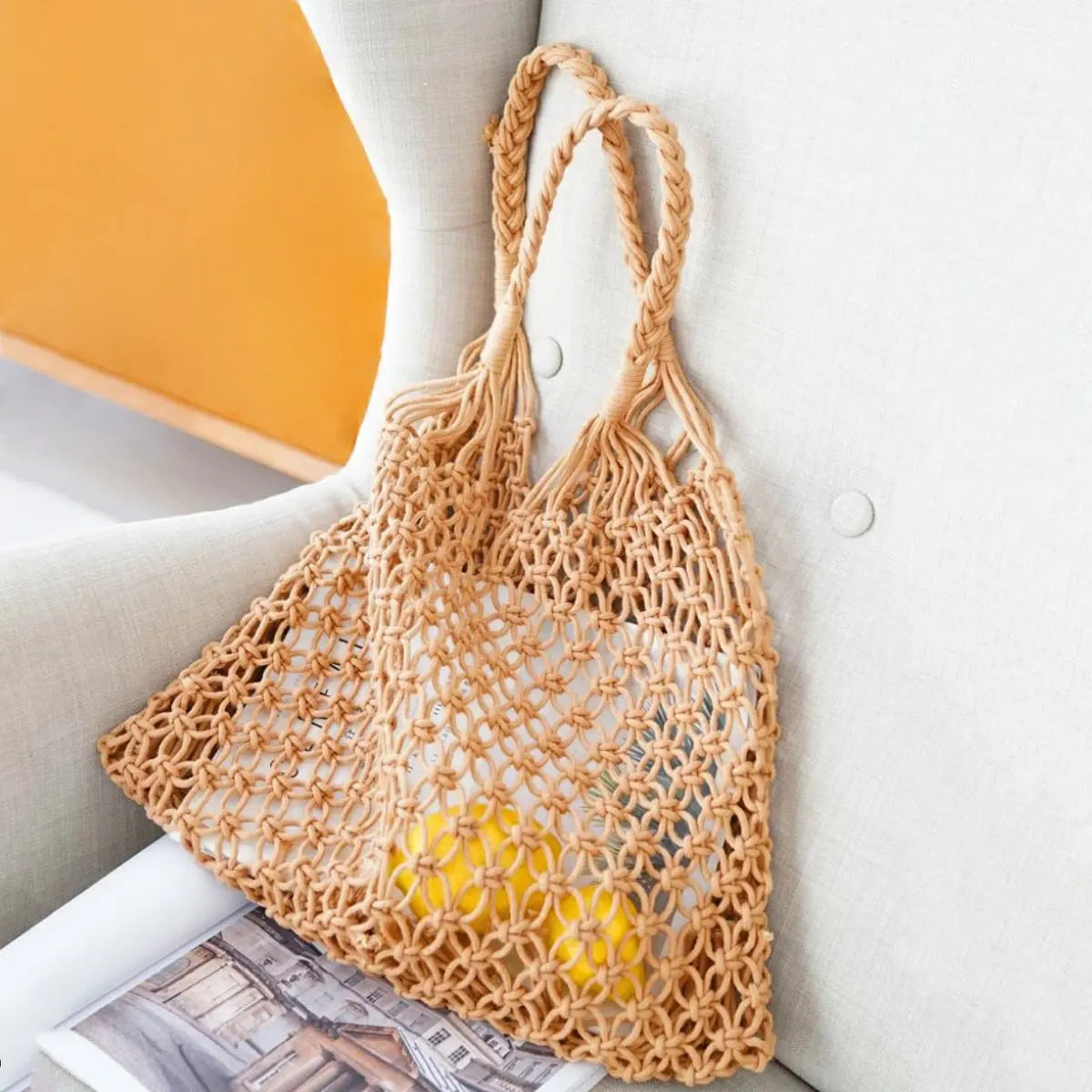 Bolso tote de red de algodón y macramé para mujer
