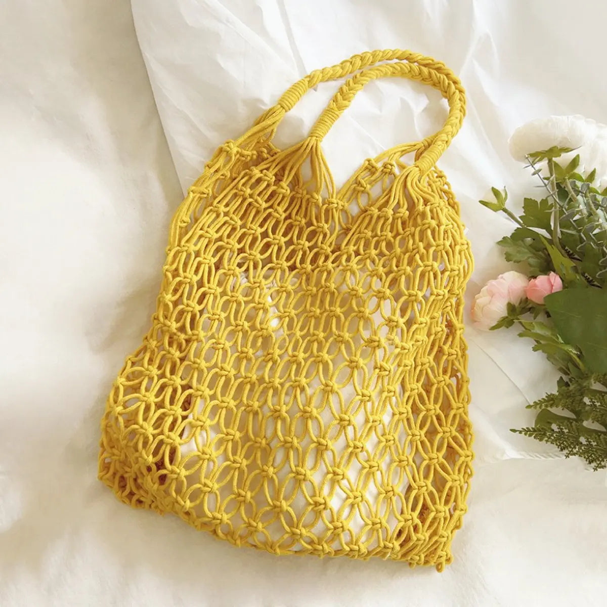 Bolso tote de red de algodón y macramé para mujer