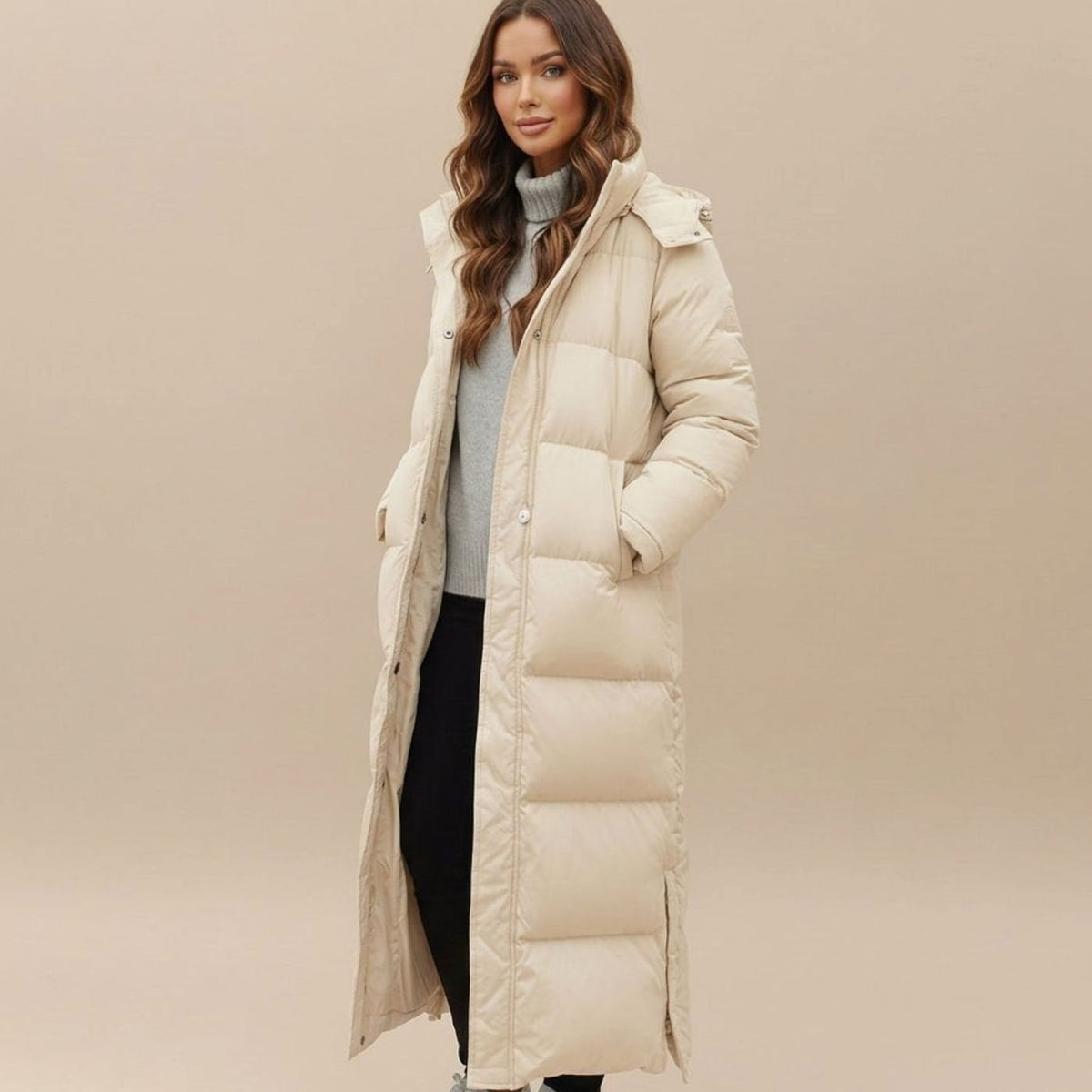 Abrigo largo acolchado de plumón para invierno con capucha para mujer