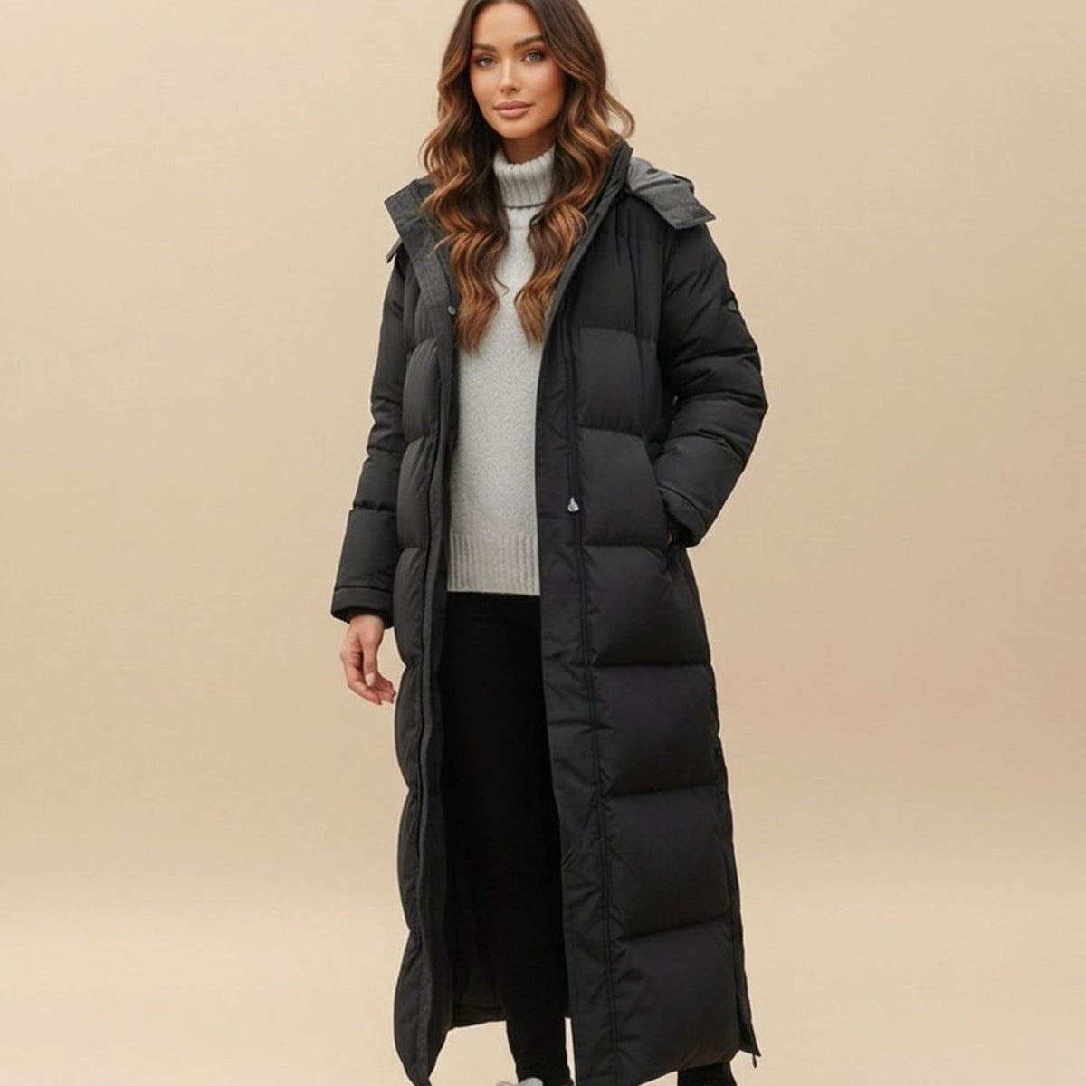 Abrigo largo acolchado de plumón para invierno con capucha para mujer