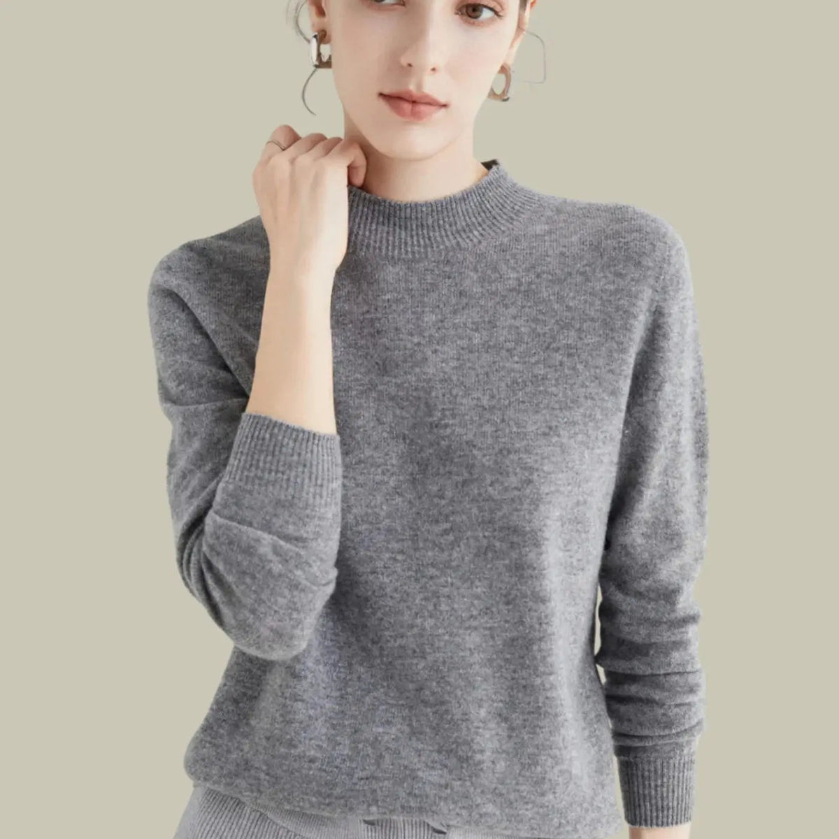 Jerséis de lana merina de punto, manga larga y cuello alto simulado para mujer