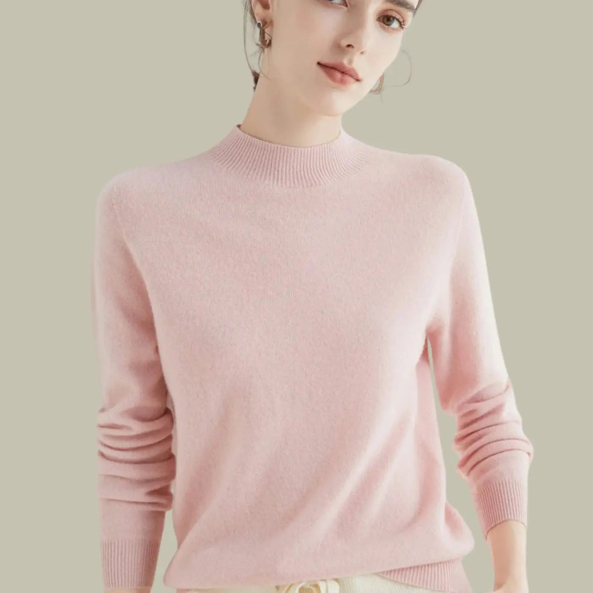 Jerséis de lana merina de punto, manga larga y cuello alto simulado para mujer