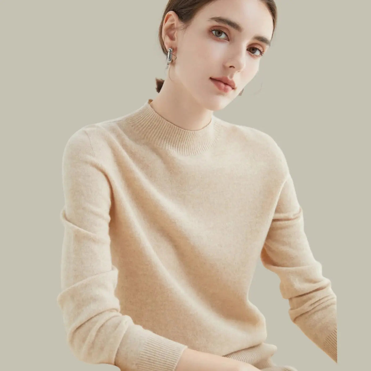 Jerséis de lana merina de punto, manga larga y cuello alto simulado para mujer