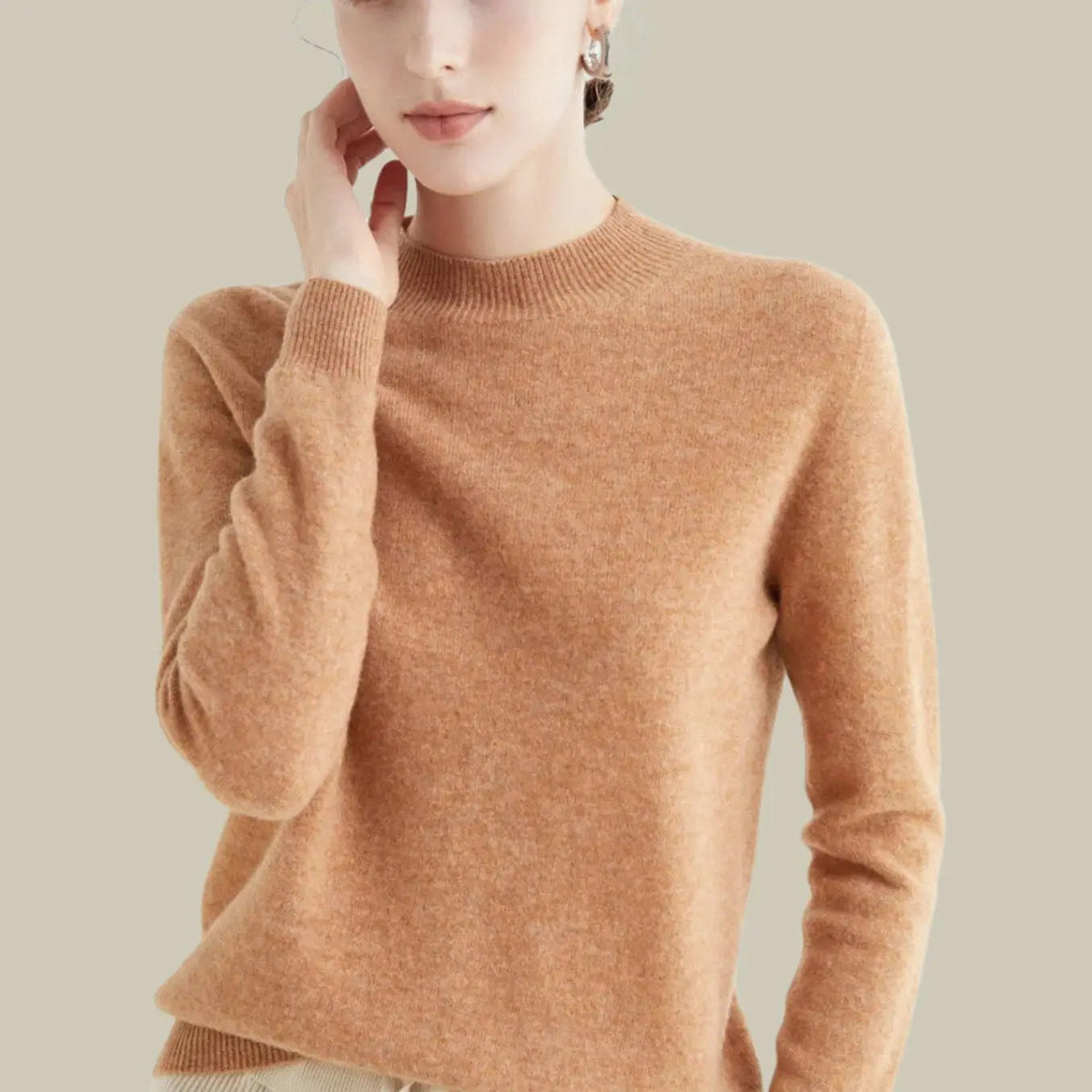 Jerséis de lana merina de punto, manga larga y cuello alto simulado para mujer