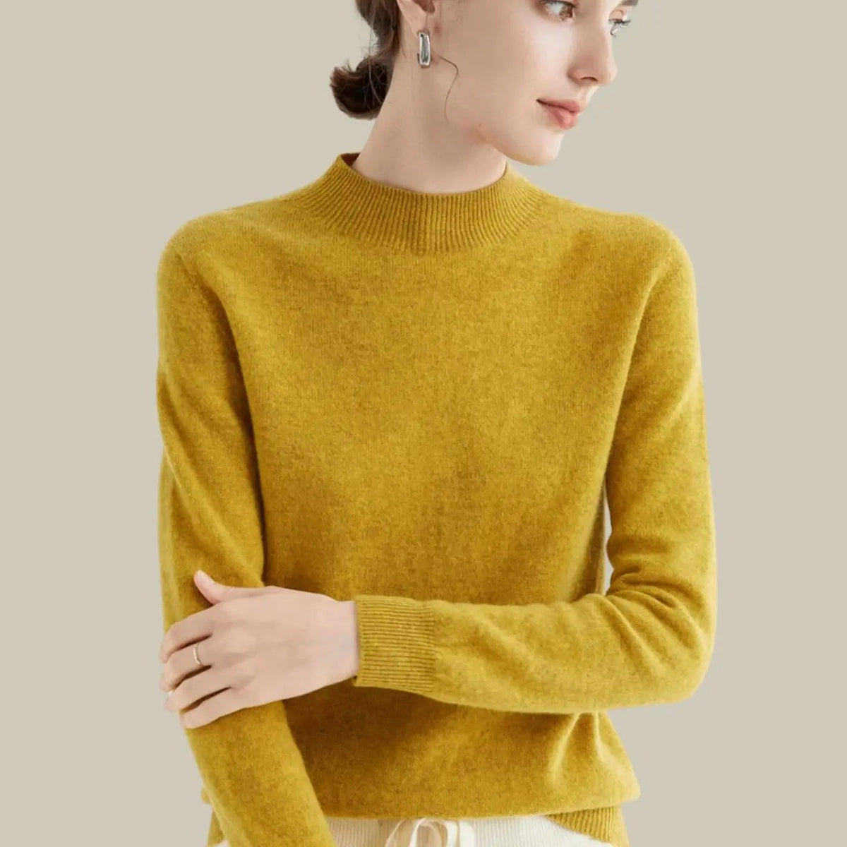 Jerséis de lana merina de punto, manga larga y cuello alto simulado para mujer