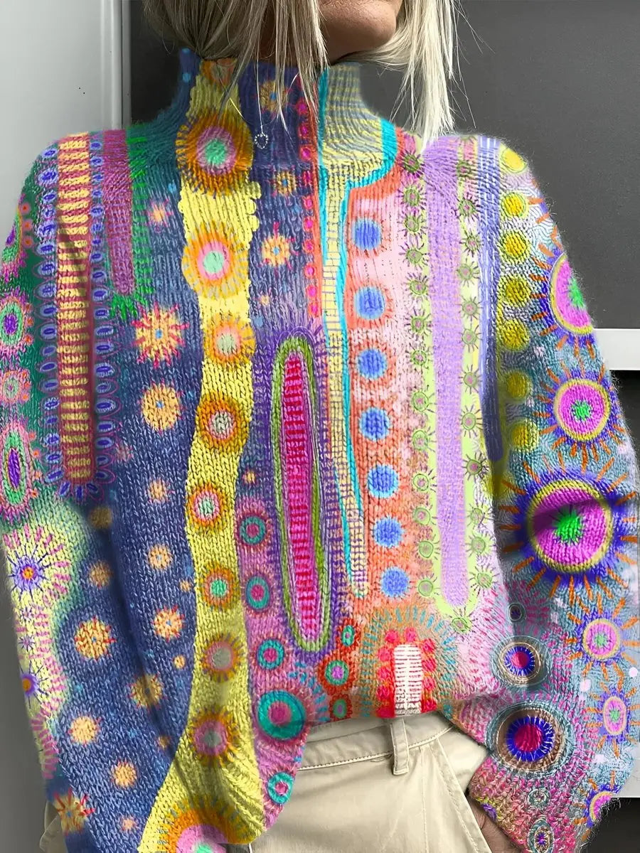Suéter de punto multicolor con estampado abstracto y cuello alto para mujer