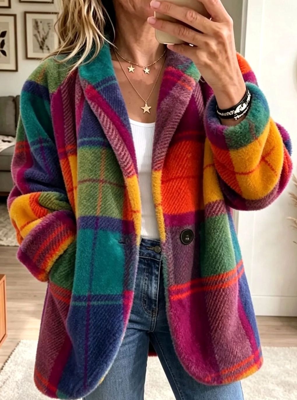 Abrigo de forro polar multicolor a cuadros con botones para mujer
