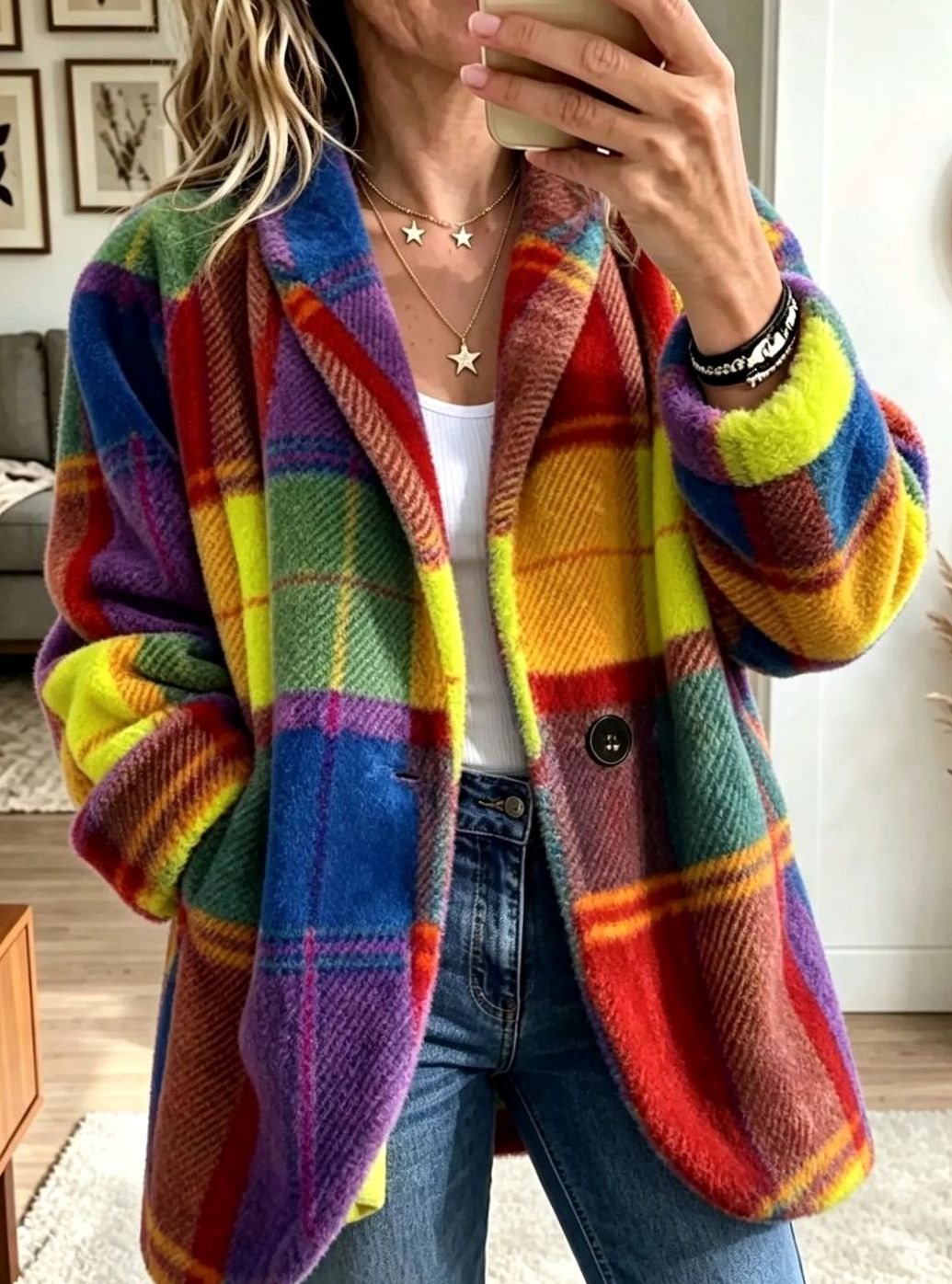 Abrigo de forro polar multicolor a cuadros con botones para mujer