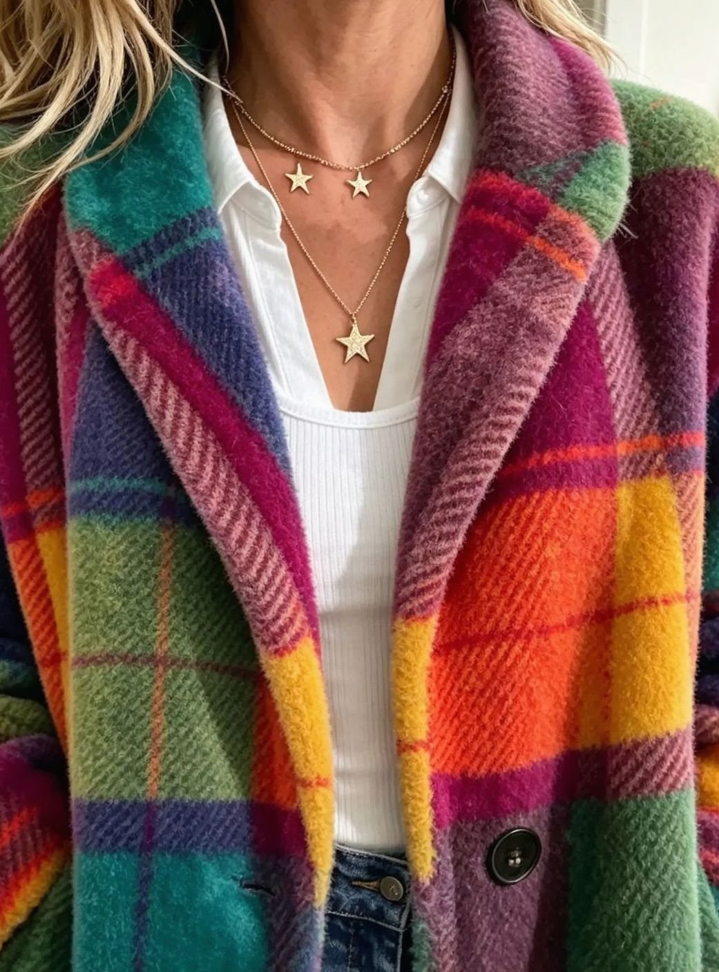 Abrigo de forro polar multicolor a cuadros con botones para mujer