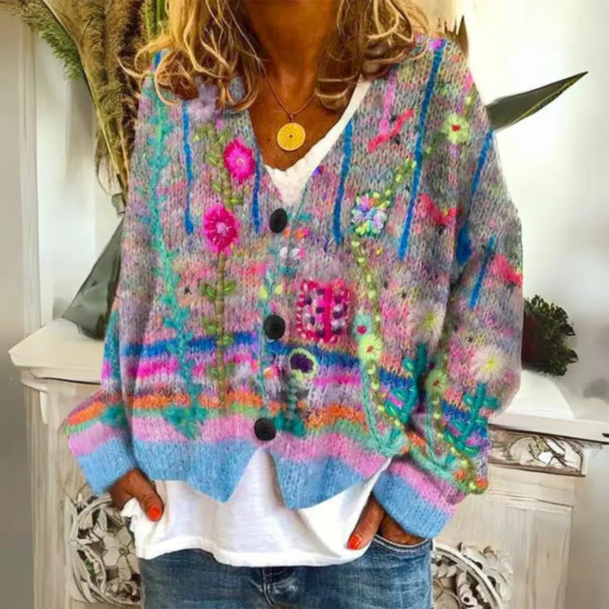 Cárdigan de punto multicolor con bordado floral y botones para mujer