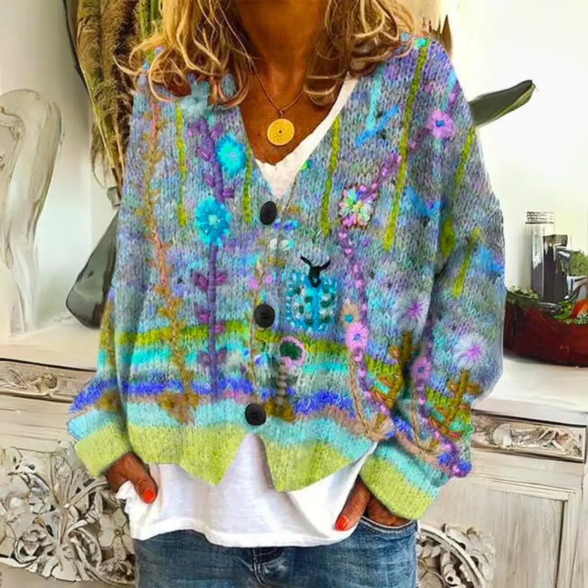 Cárdigan de punto multicolor con bordado floral y botones para mujer