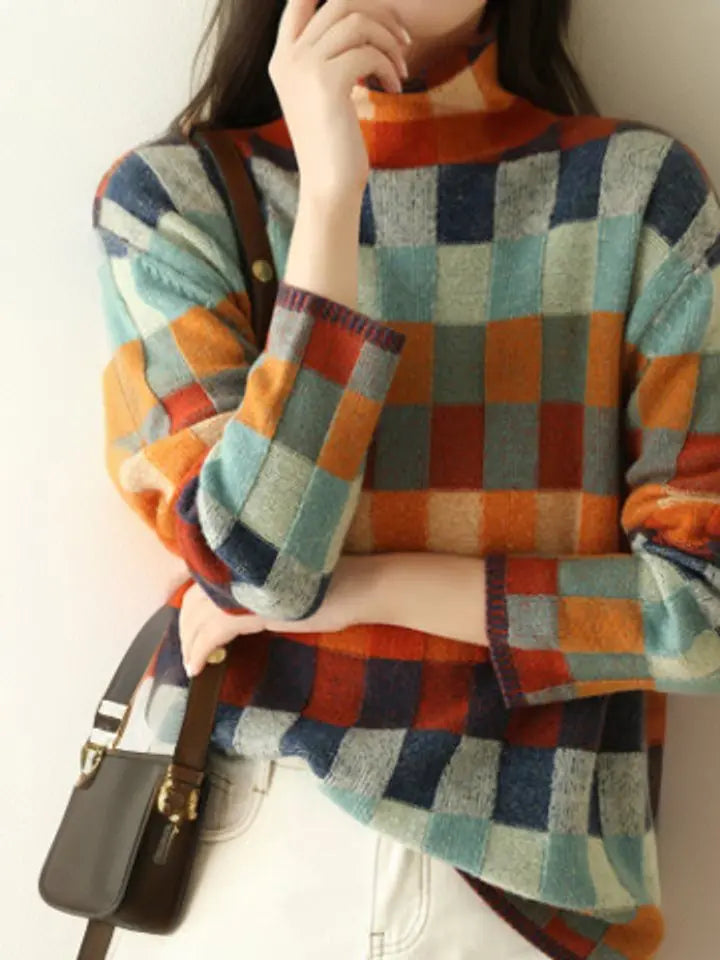 Suéter de punto multicolor a cuadros con cuello alto para mujer