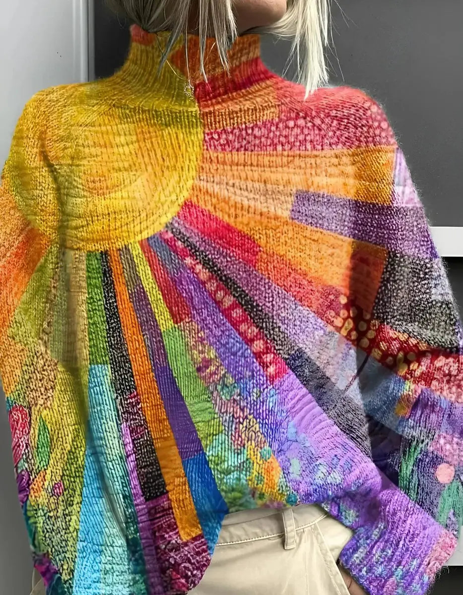 Suéter de punto suave multicolor con cuello alto y diseño de arcoíris para mujer