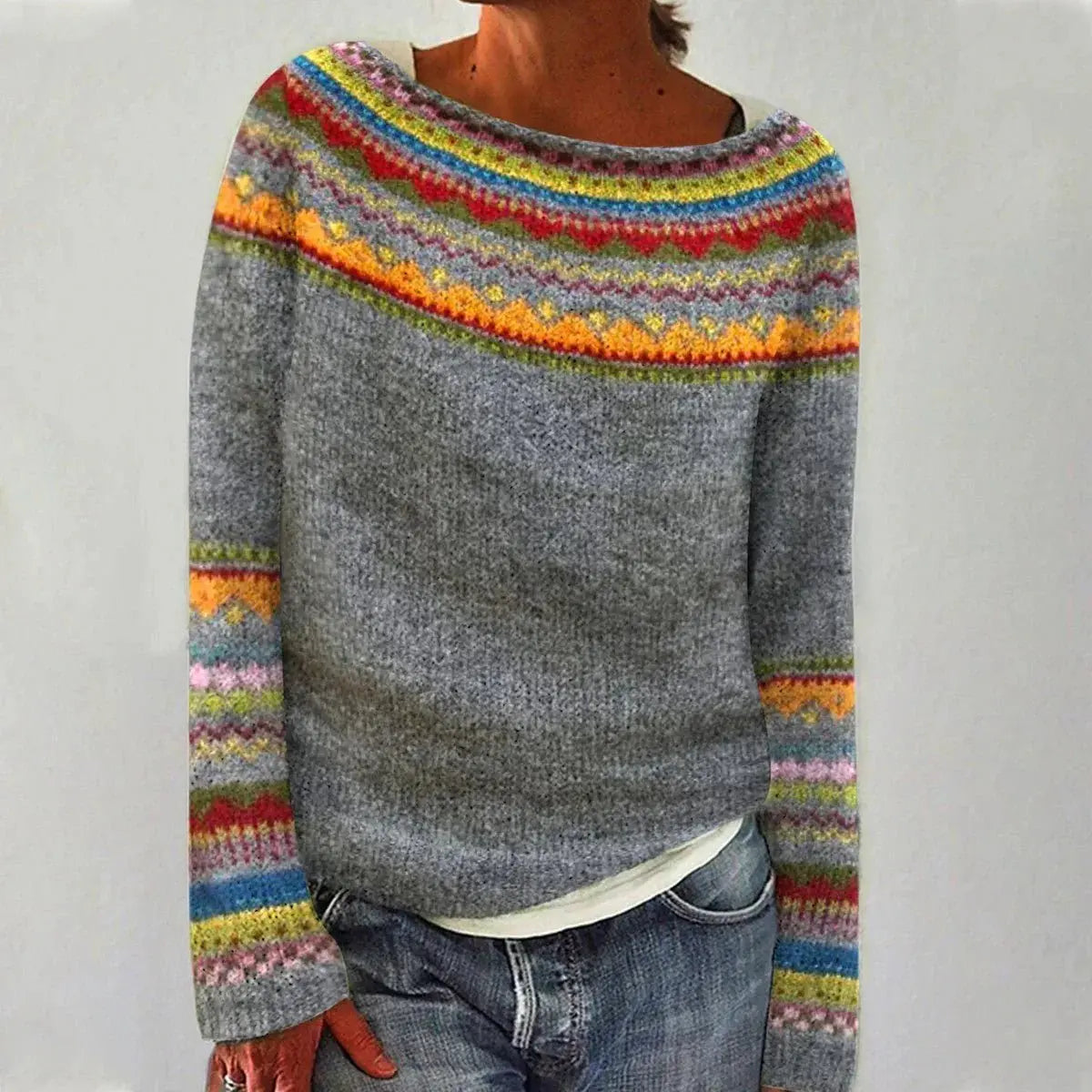 Jersey nórdico multicolor de corte holgado y cuello barco para mujer
