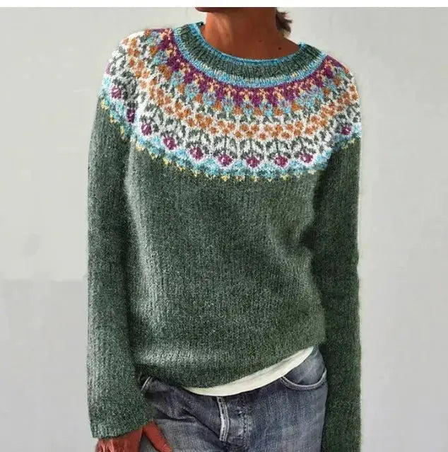 Jersey nórdico multicolor de corte holgado y cuello barco para mujer