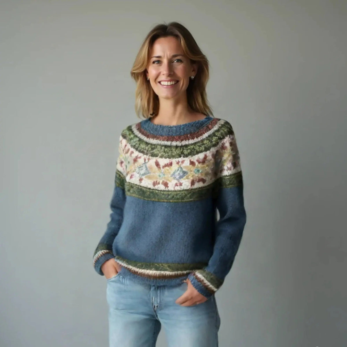 Jersey nórdico multicolor de corte holgado y cuello barco para mujer