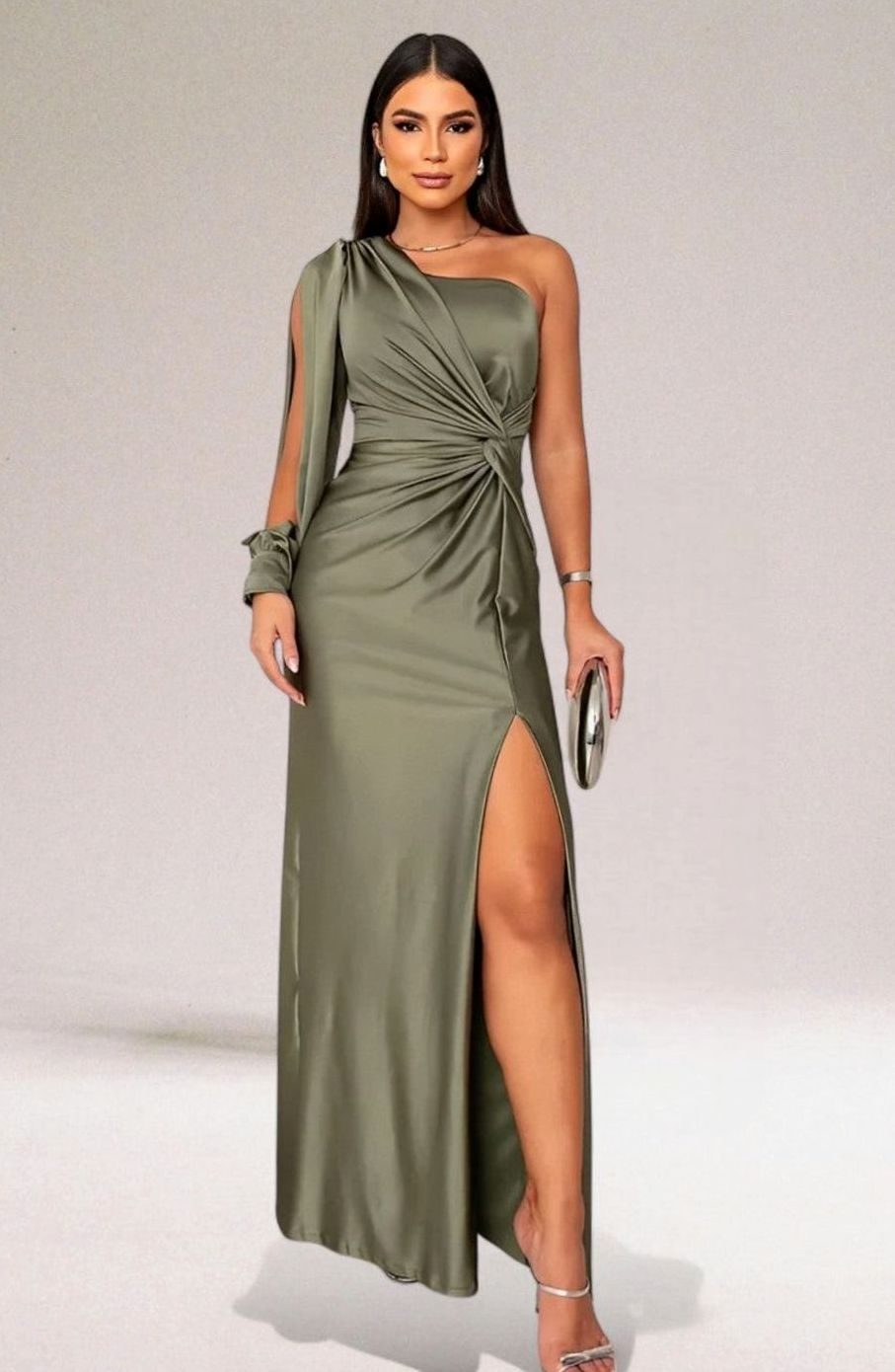 Vestido largo formal de noche de satén con un hombro y nudo retorcido para mujer