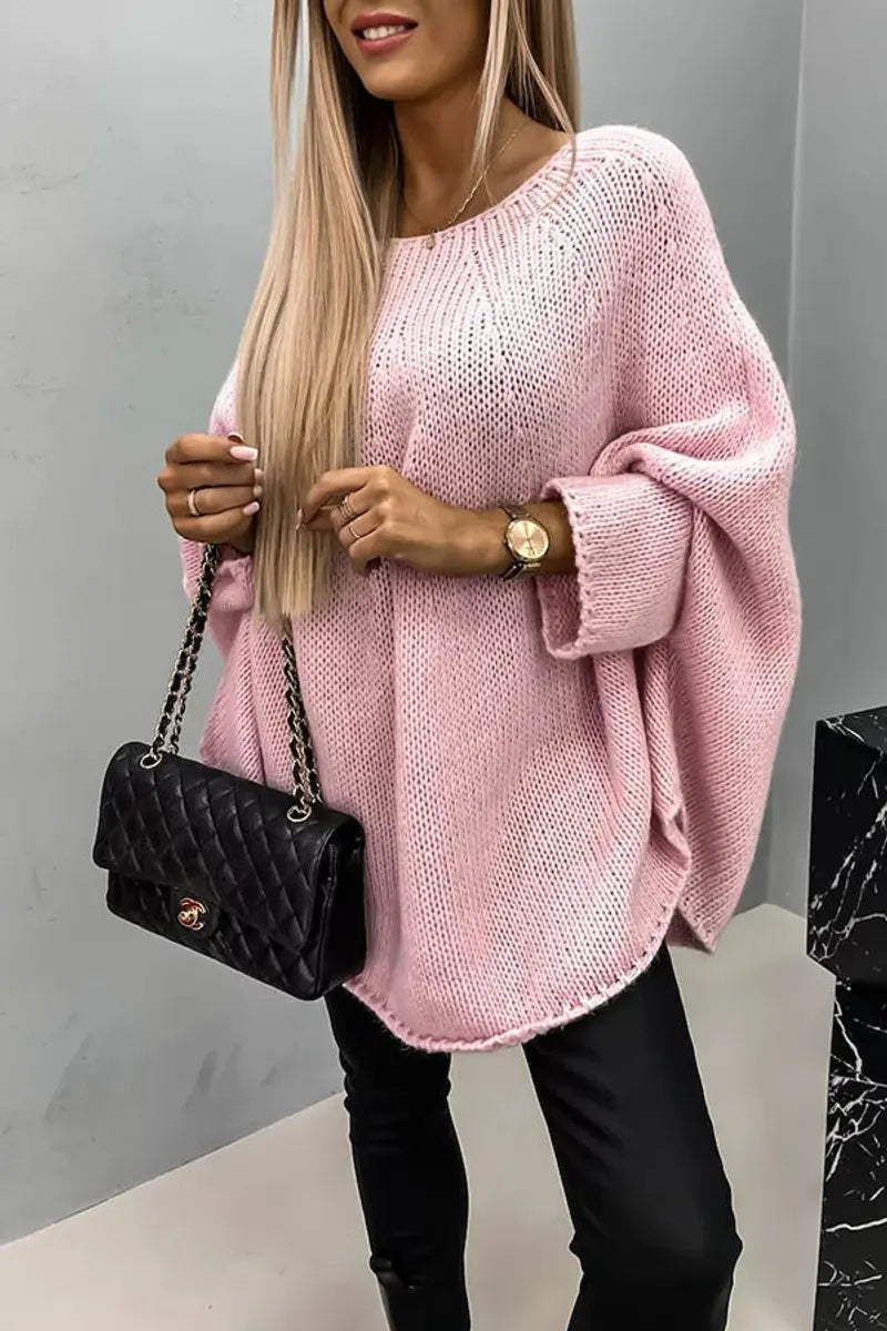 Suéter extragrande de punto con mangas murciélago y cuello redondo para mujer