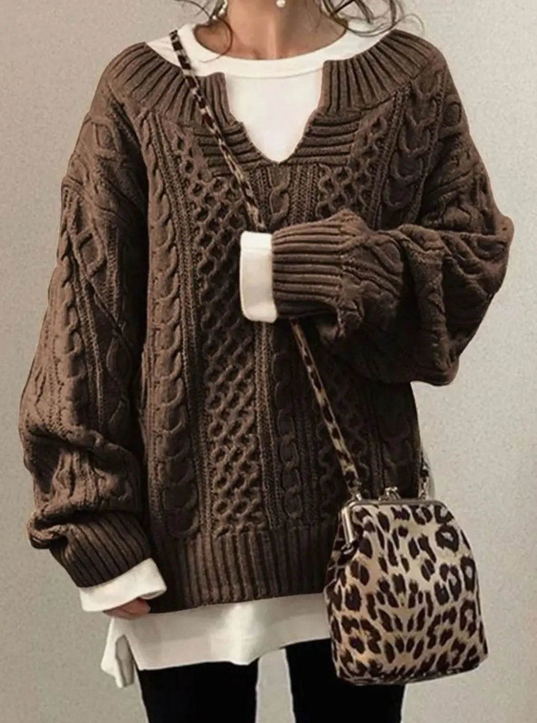Suéter extragrande de punto trenzado con cuello de pico y jersey superpuesto para mujer