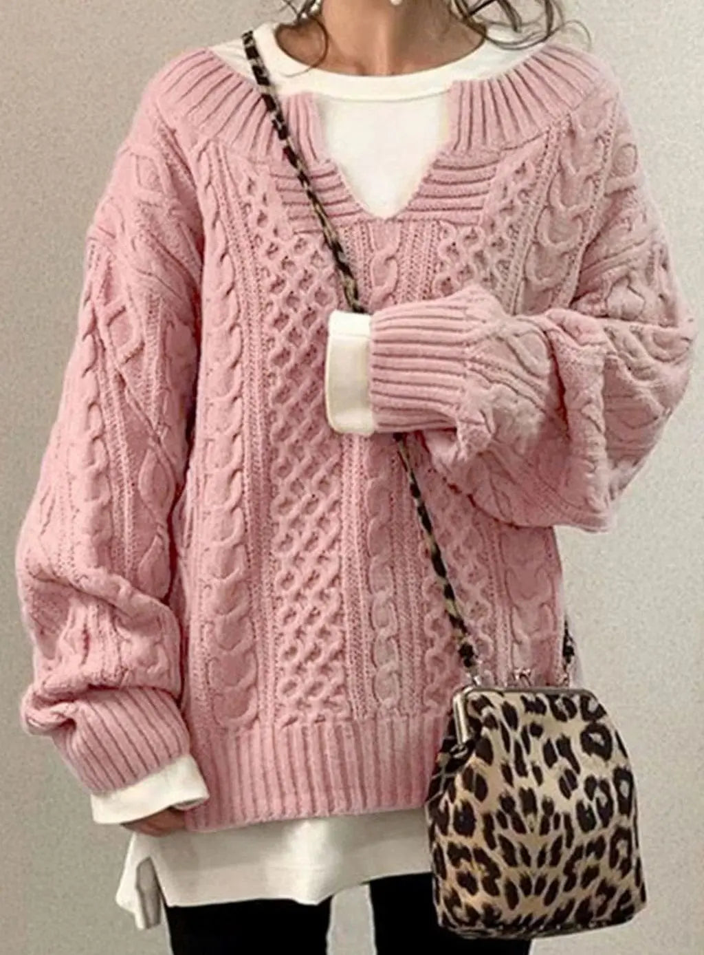 Suéter extragrande de punto trenzado con cuello de pico y jersey superpuesto para mujer