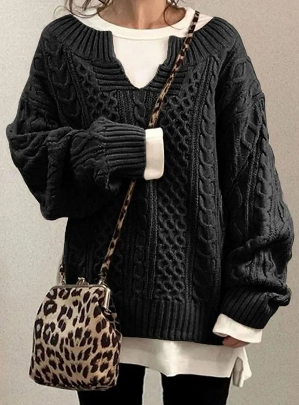 Suéter extragrande de punto trenzado con cuello de pico y jersey superpuesto para mujer